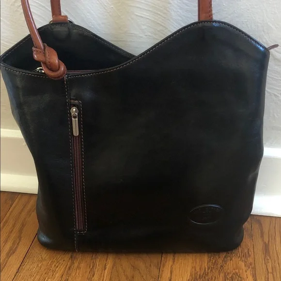 Vera Pelle Italian Leather Black/Brown Shoulder Backpack Bag - Picture 15 of 16